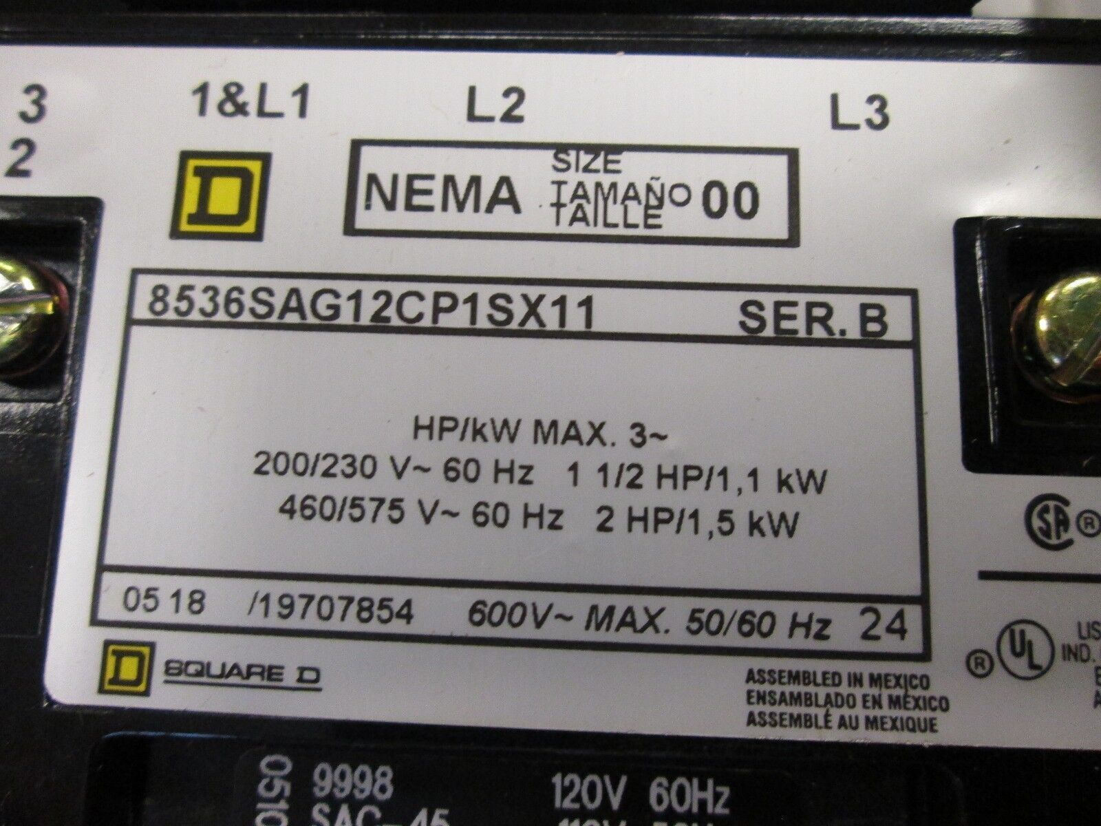 Square D Enclosed Starter 8536SAG12V02CP1SX11 Size 00 3P 120V Coil Nema 1 New