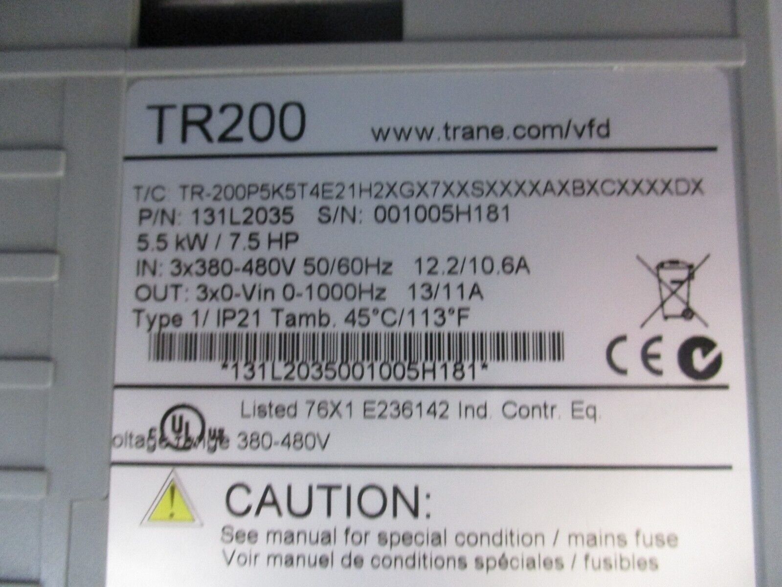 Trane TR200 AC Drive 131L2035 7.5HP 3Ph w/ Keypad Used