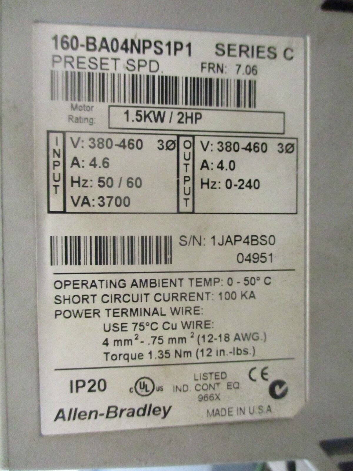 Allen-Bradley Preset Speed Controller 160-BA04NPS1P1 Ser. C FRN: 7.06 2HP Used