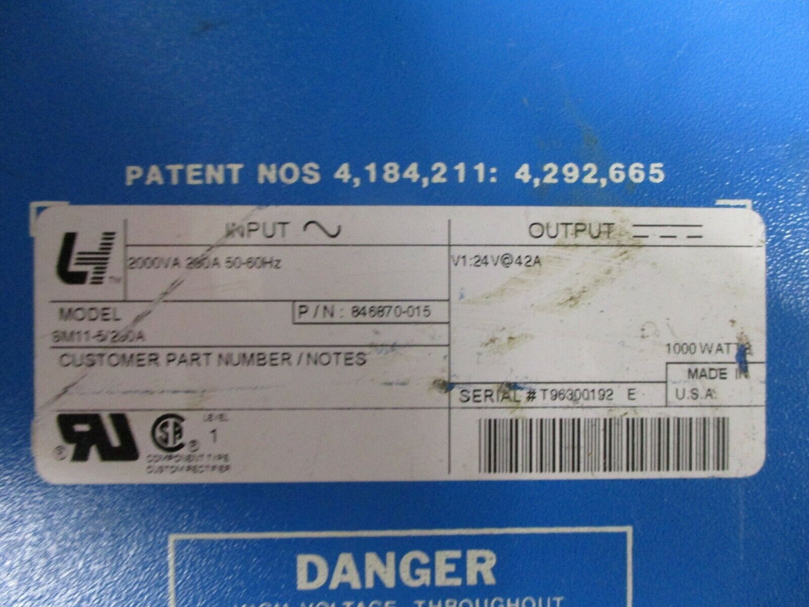 LH Research Super-Mite SM11-5/230A Input:2000VA 230A 50-60Hz Output:24V@42A Used