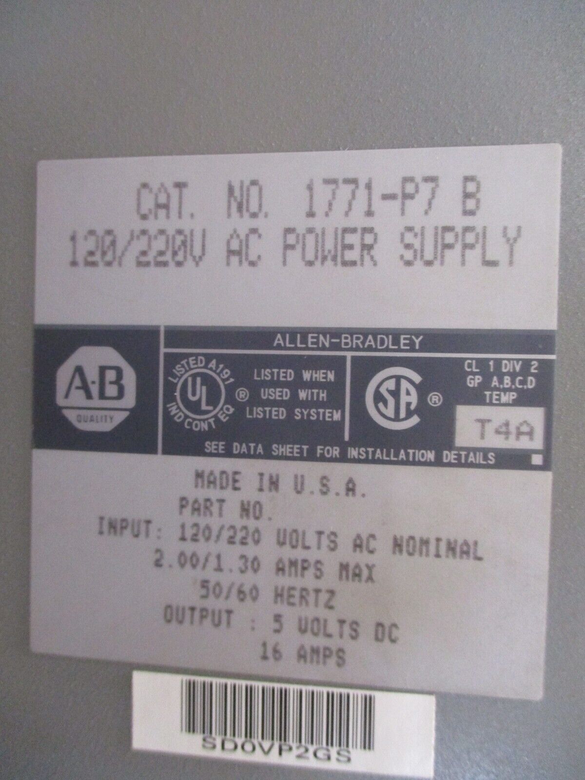Allen-Bradley I/O Chassis w/ Power Supply 1771-A2B / 1771-P7 Ser. B 8-Slot Used