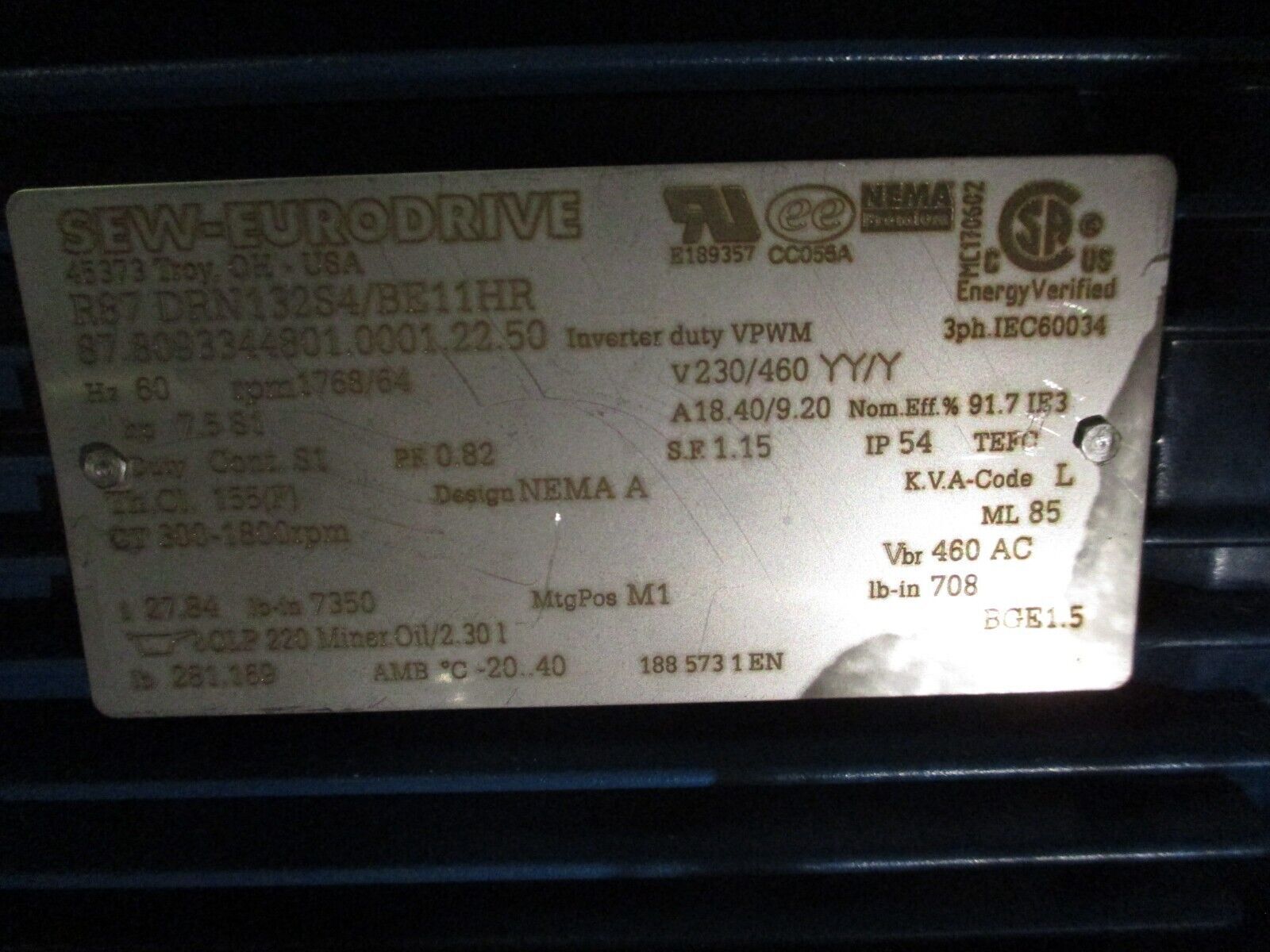 SEW-EURODRIVE Gearmotor R87 DRN132S4/BE11HR 7.5HP 230/460V 18.40/9.20A 60Hz 3Ph