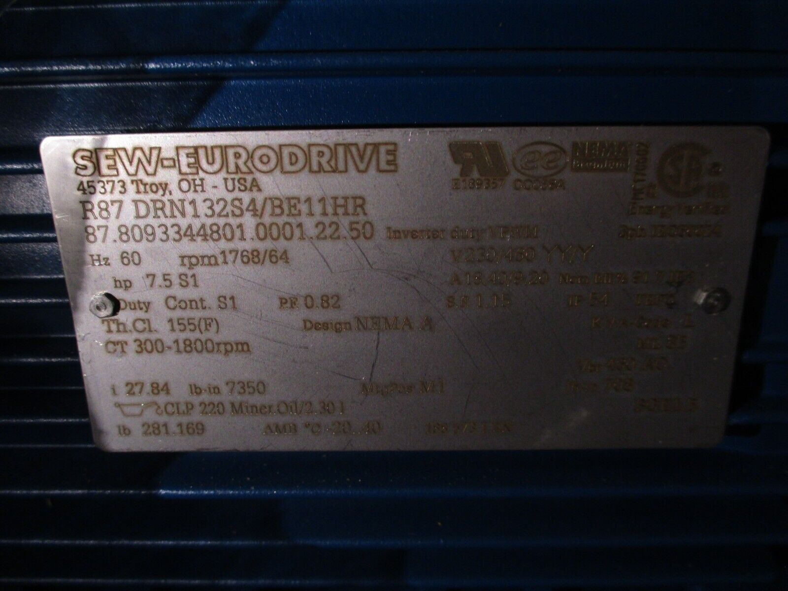 SEW-EURODRIVE Gearmotor R87 DRN132S4/BE11HR 7.5HP 230/460V 18.40/9.20A 60Hz 3Ph