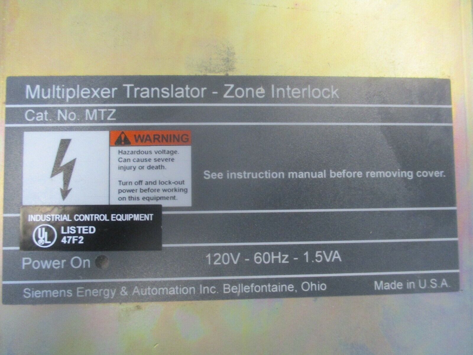 Siemens Multiplexer Translator - Zone Interlock MTZ 120V 60Hz 1.5VA Used