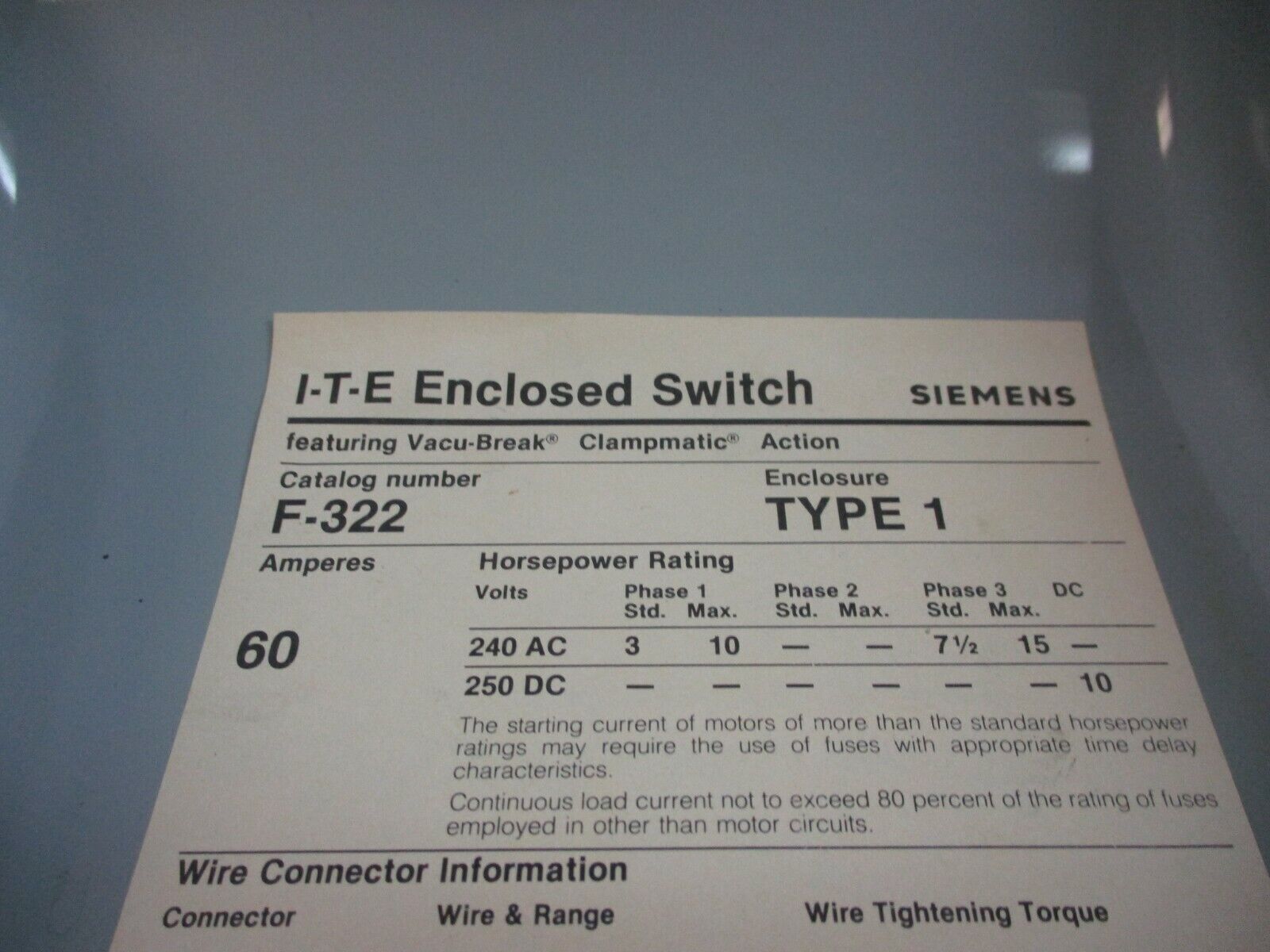 ITE Fusible Safety Switch/Disconnect F322 60A 240V w/Control Transformer Used