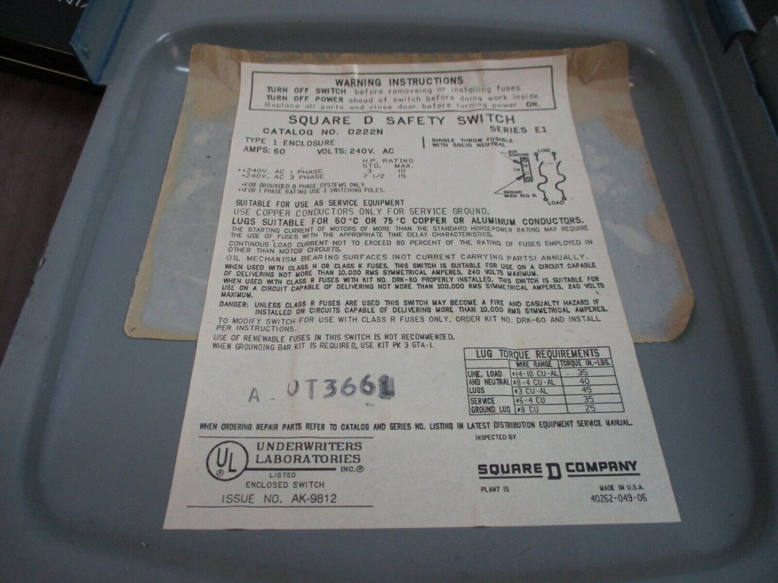 Square D Fusible Safety Switch D-222-N 60A 240V Used