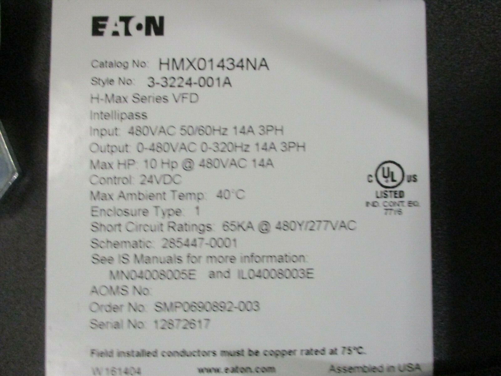 Eaton H-Max Series AC Drive w/ Intellipass Bypass HMX01434NA 10HP 3Ph Used