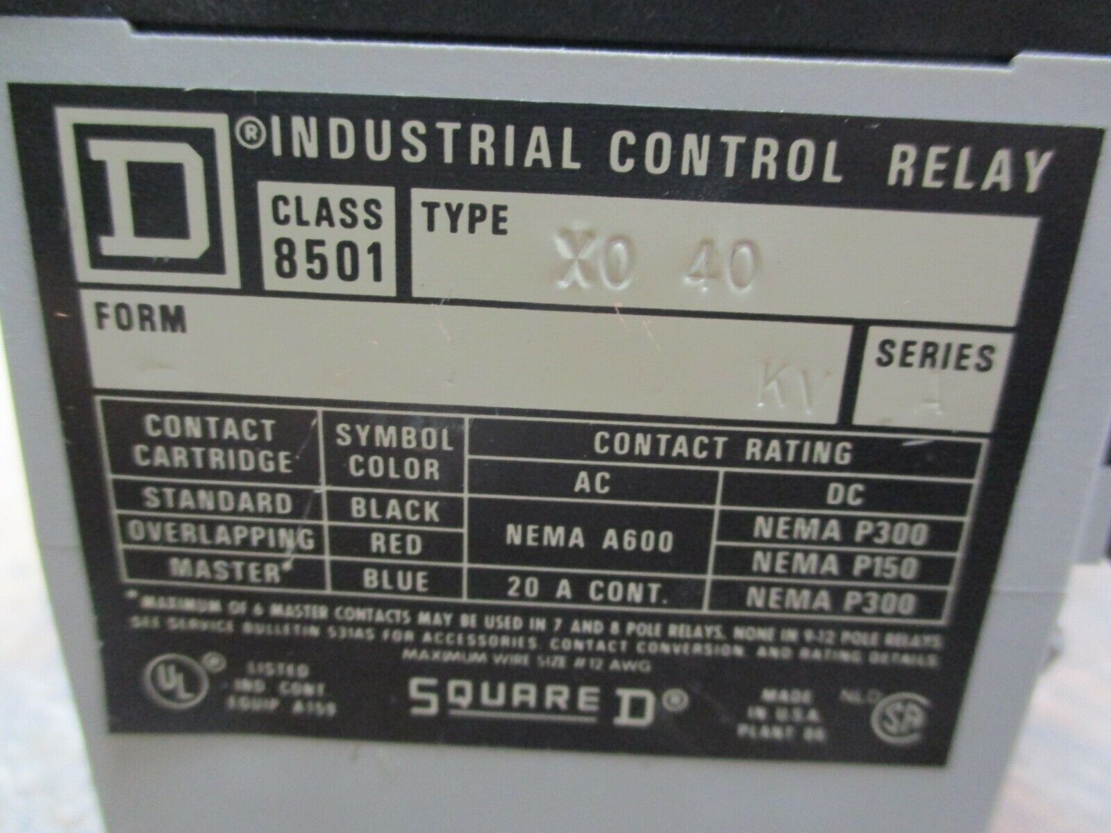 Square D Control Relay 8501 XM0 40 HV Ser. A 120V Coil 20A 600V Used