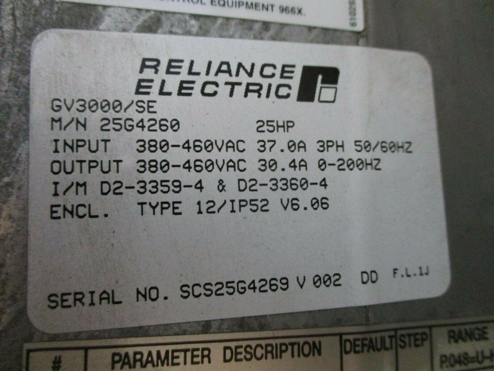 Reliance VTAC 7 GV3000 / SE AC Drive 25G4260 25HP 3Ph Type 12 Enclosure Used