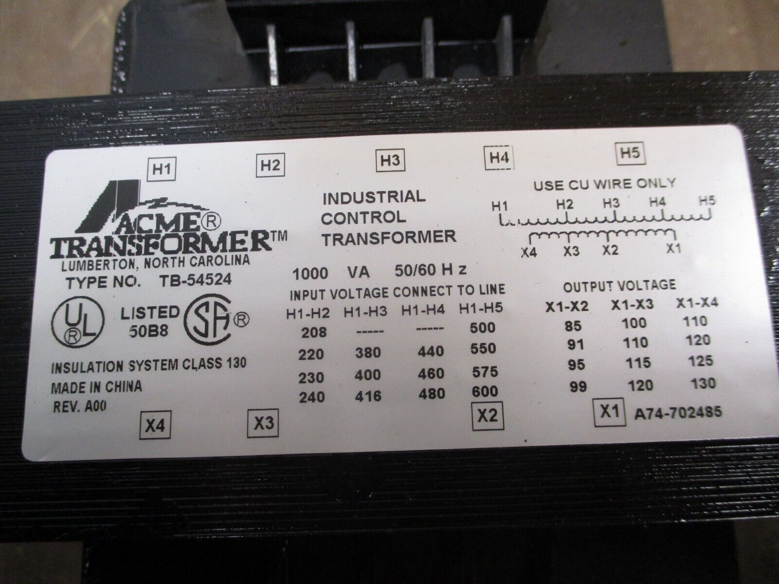 Acme Transformer Control Transformer TB-54524 1000VA Pri: 240/480/600V Sec: 120V