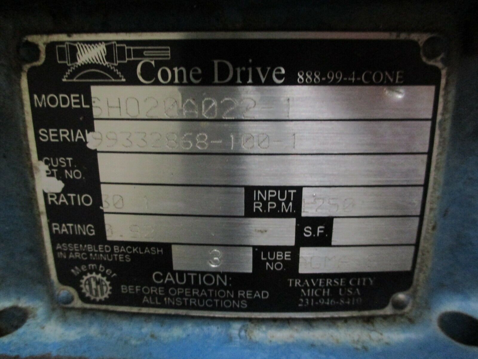 Cone Drive Gear Reducer SHO20A022-1 Ratio 30:1 1750RPM In Used