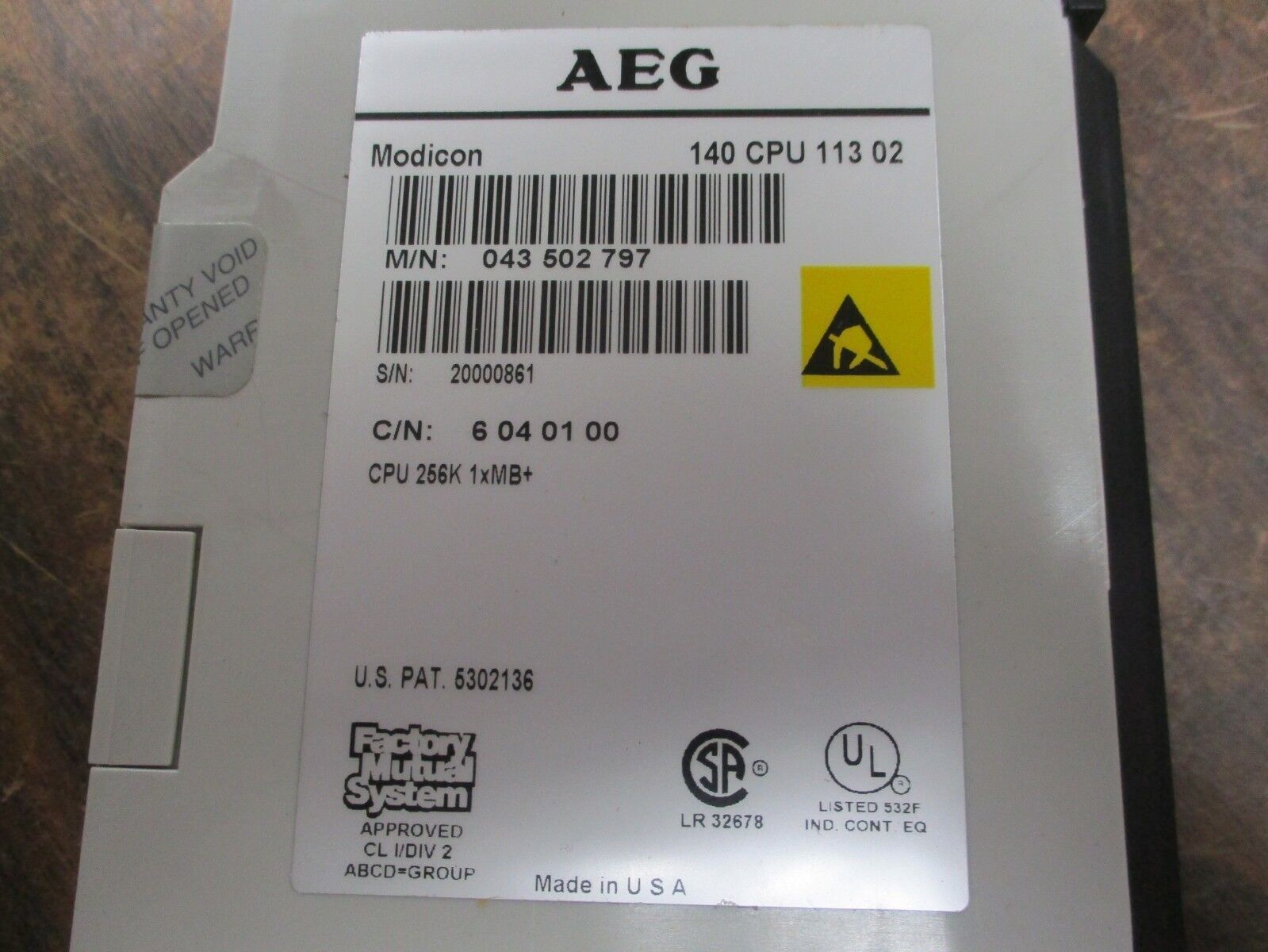 AEG Modicon CPU Module 140 CPU 113 02 CPU: 256K 1xMB+ Used