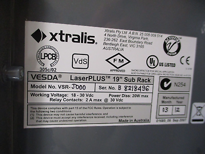 Xtralis Vesda LaserPLUS Sub Rack VSR-J000 19" 18-30VDC Used