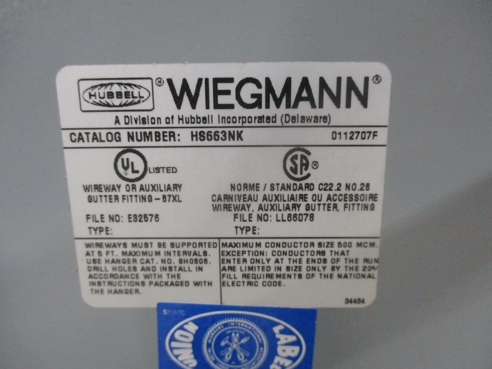 Wiegmann Wireway HS663NK Size: 6x6x36" Used