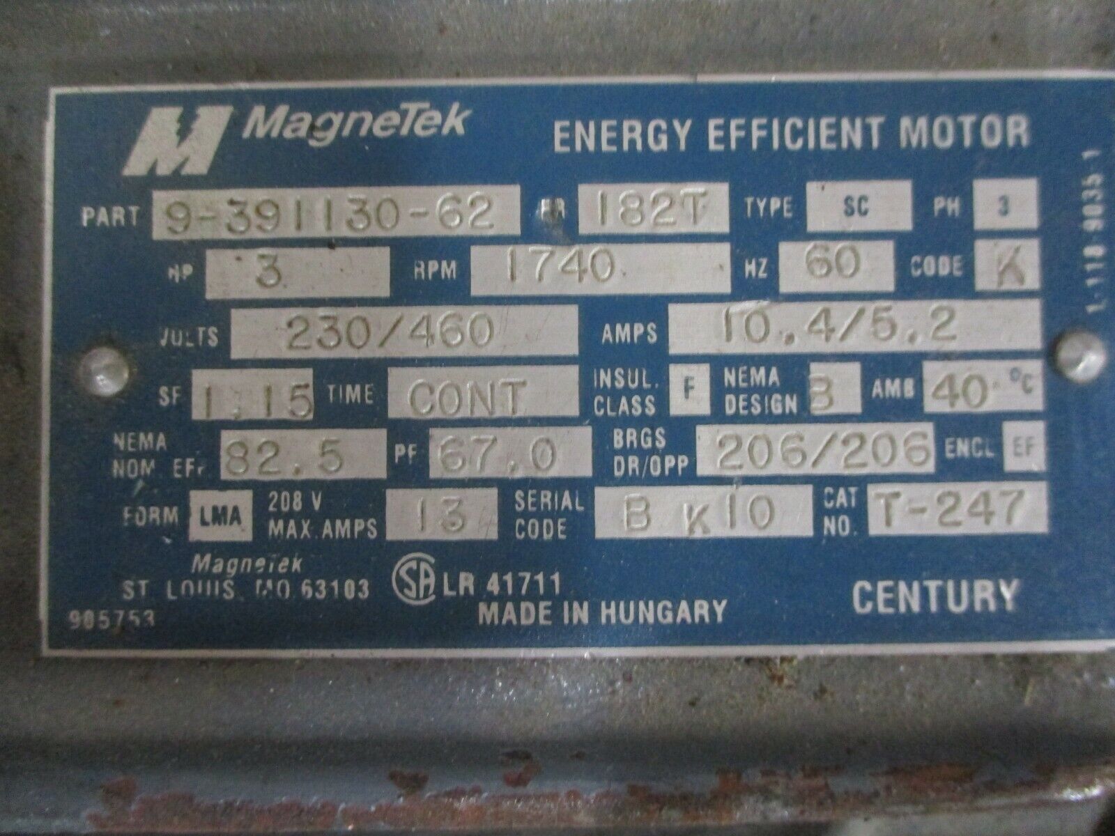 Magnetek AC Motor 9-391130-62 3HP 1800RPM FR: 184T ENCL: EF 230/460V 3Ph Used
