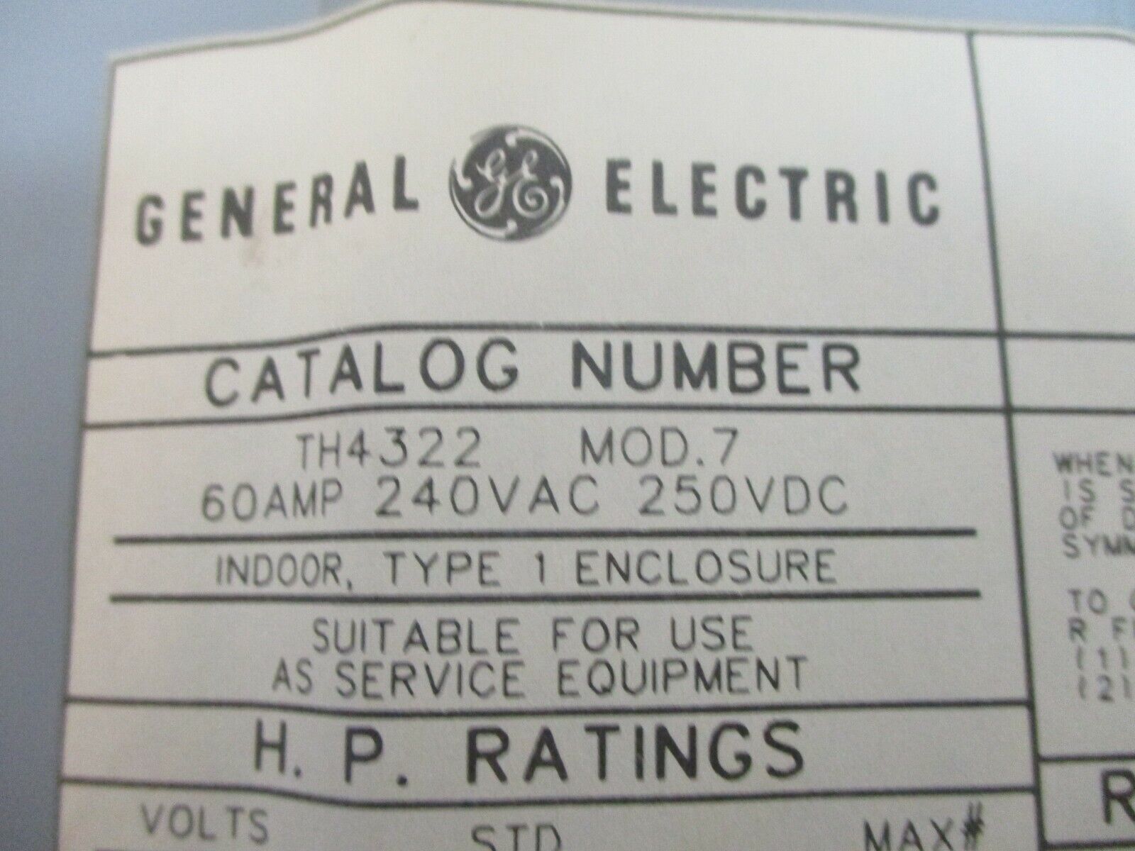 GE Fusible Safety Switch/Disconnect TH4322 60A 240V Used