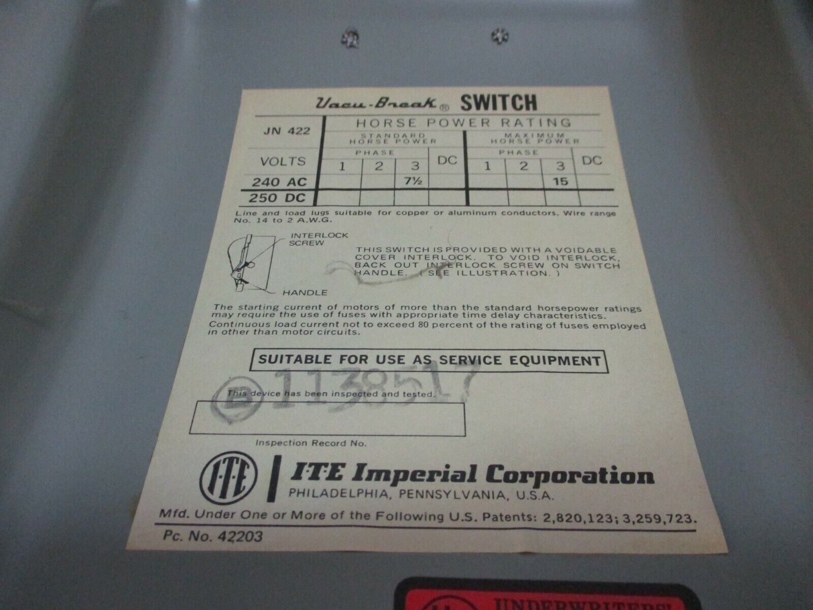 ITE Fusible Safety Switch/Disconnect JN-422 60A 240V 3Ph Used