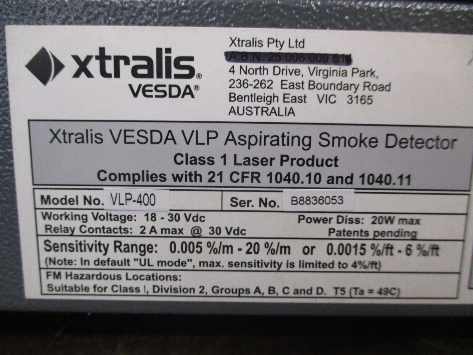 Xtralis Vesda VLP Aspirating Smoke Detector VLP-400 18-30VDC w/ Keypad Used