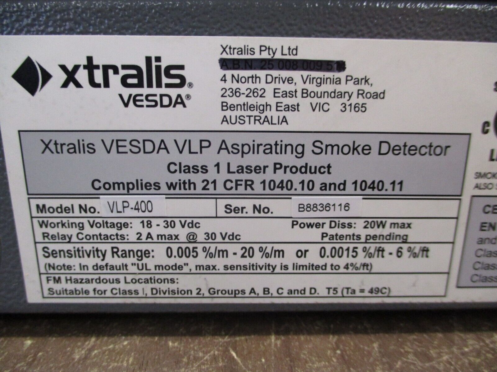 Xtralis Vesda VLP Aspirating Smoke Detector VLP-400 18-30VDC w/ Keypad Used