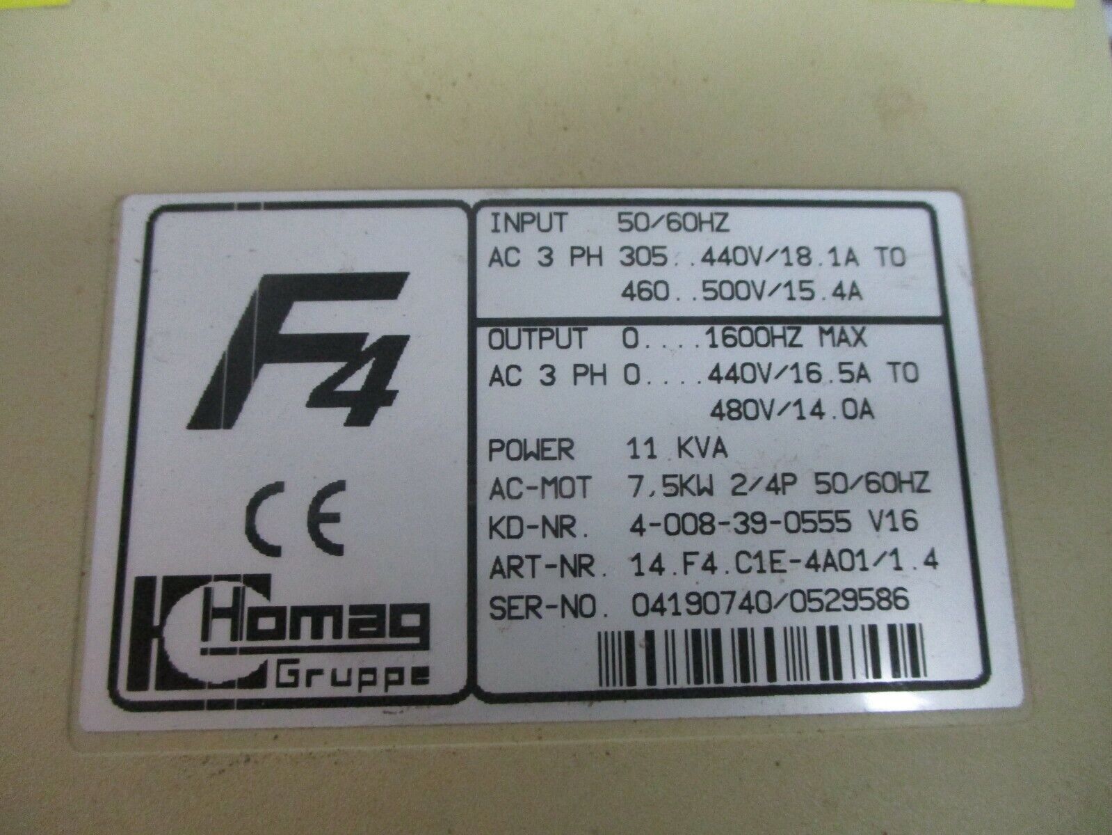Homag KEB Combivert F4 AC Drive 14.F4.C1E-4A01/1.4 7.5kW/10HP 3Ph Used