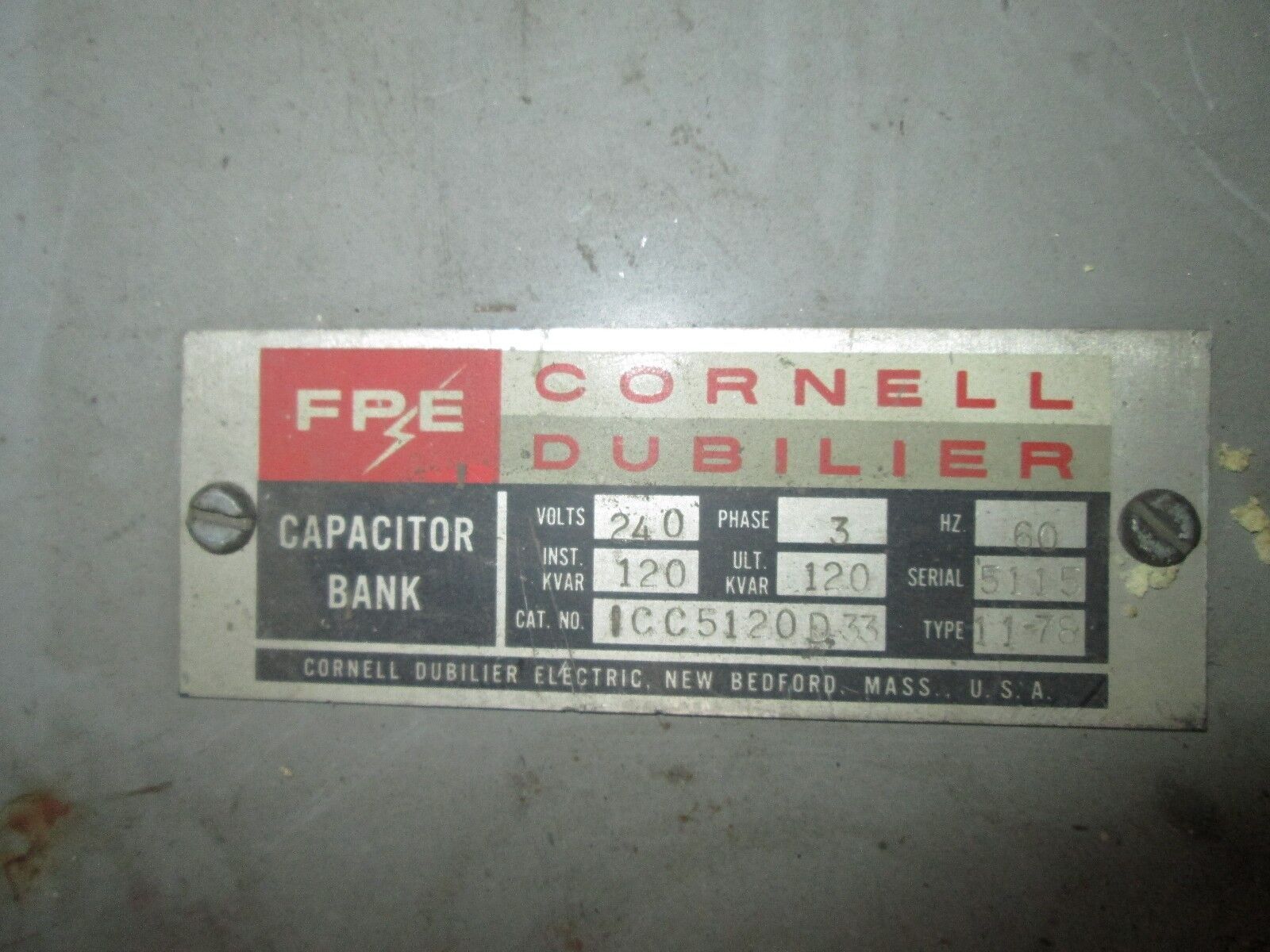 FPE / Cornell Dubilier Capacitor ICC5120D33 120KVAR 240V 3Ph Used