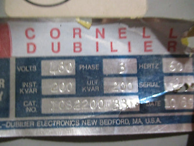 Cornell Dubilier Capacitor ICS2200F33L 200KVAR 480V 60Hz 3Ph Used