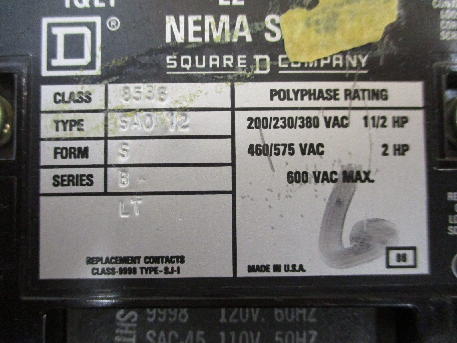 Square D Starter 8536SA012 Size 00 120V Coil Thermal Overload *Heaters May Vary*