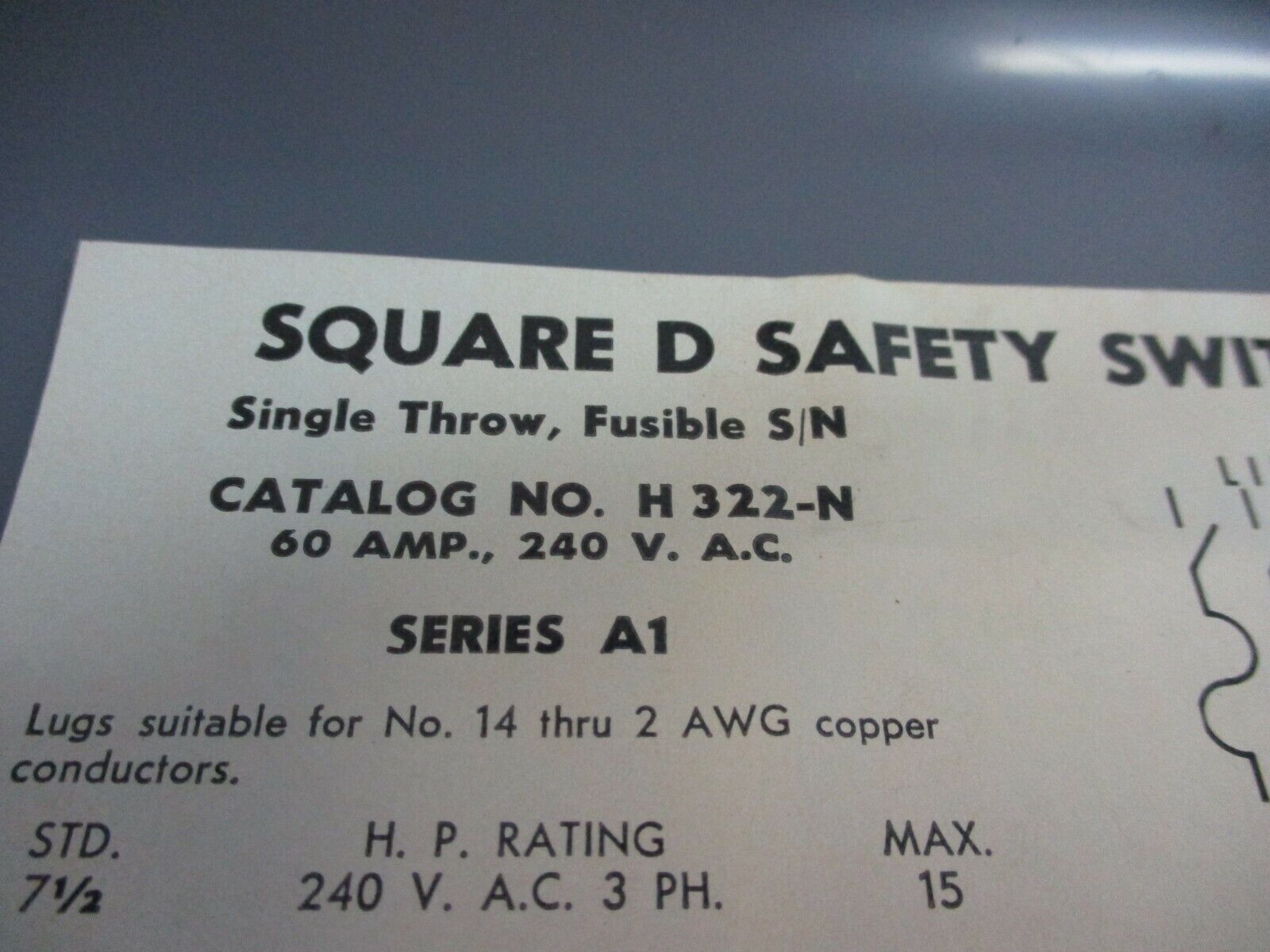 Square D Fusible Safety Switch/Disconnect H 322-N 60A 240V Used