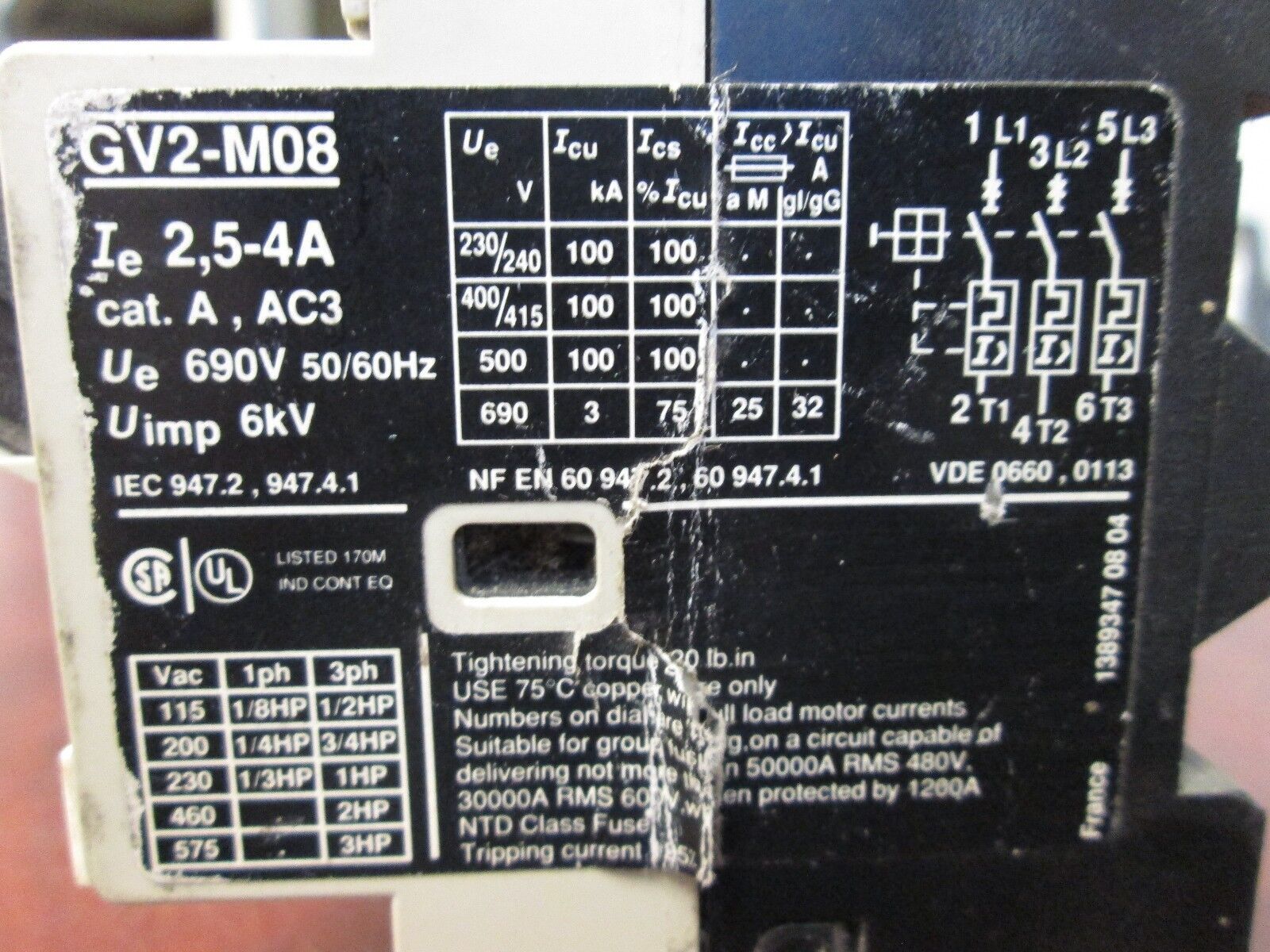 Telemecanique Manual Motor Starter GV2-M08 Range: 2.5-4A Used