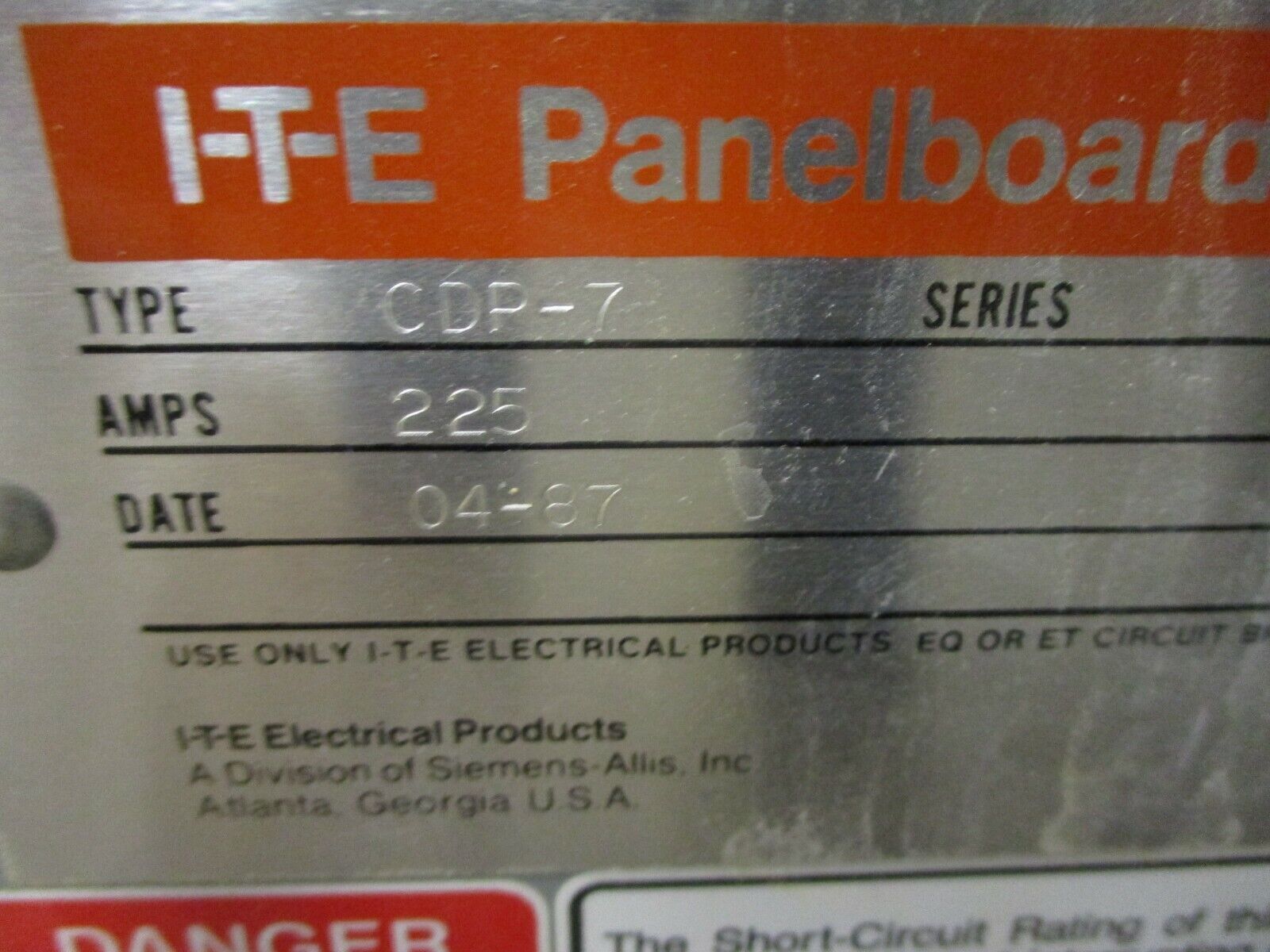 ITE Main Lug Breaker Panel CDP-7 225A Max 480Y/277 3Ph 4W Used