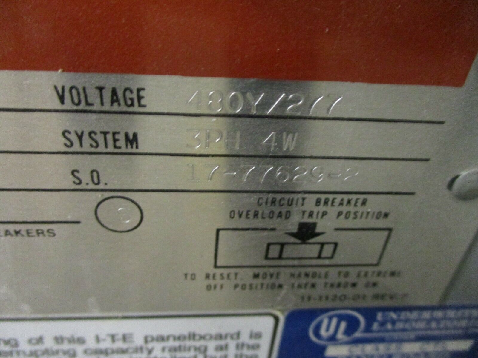 ITE Main Lug Breaker Panel CDP-7 225A Max 480Y/277 3Ph 4W Used