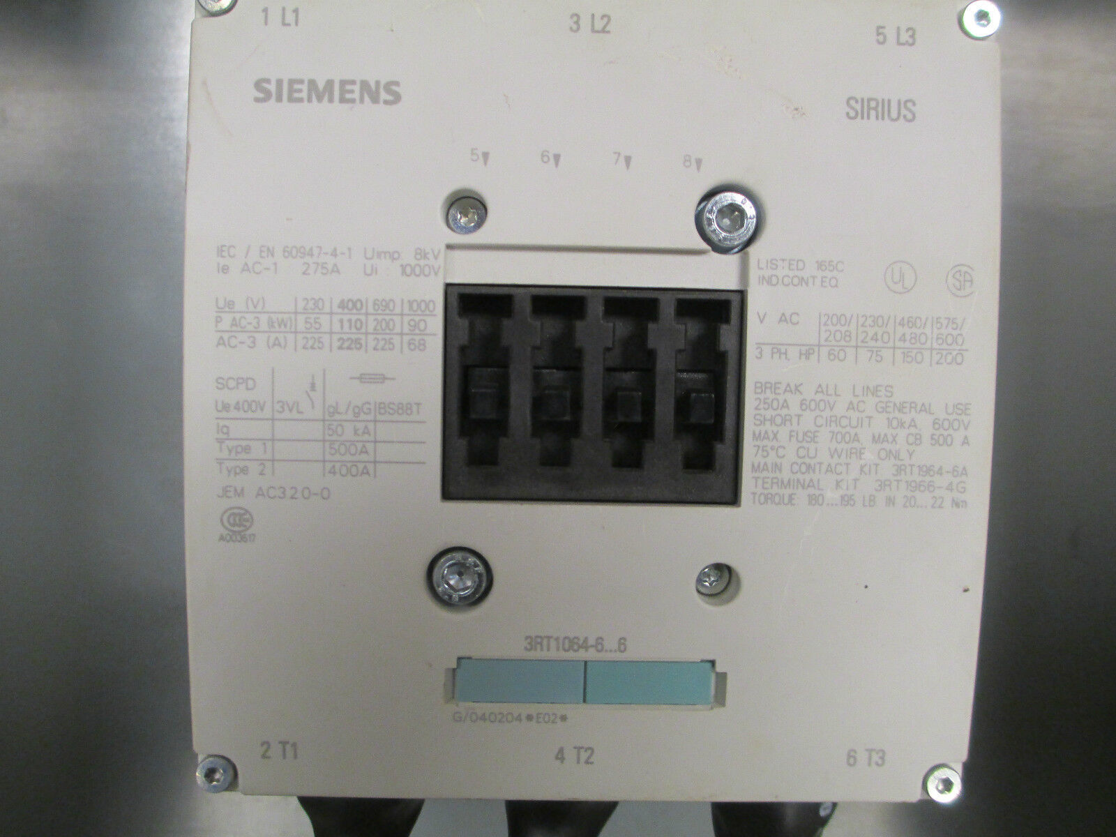 Siemens Sirius Contact, 3RT1064-6 ...6, 200A 600V, 20"x20"x12" Nema 4 Enclosure