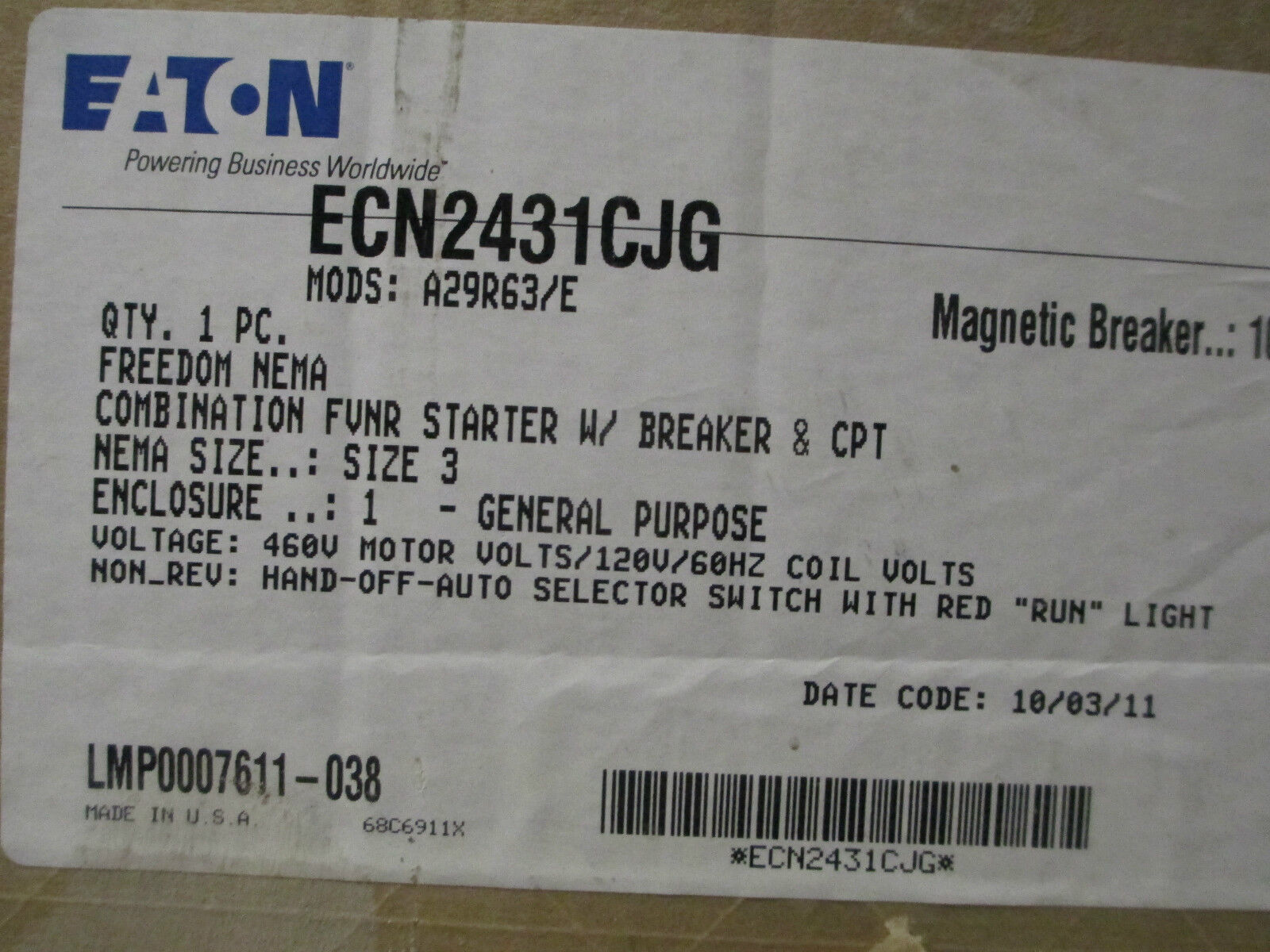 Cutler-Hammer Combination ECN2431CJG, Size 3 Non-Fusible 100A, New Surplus