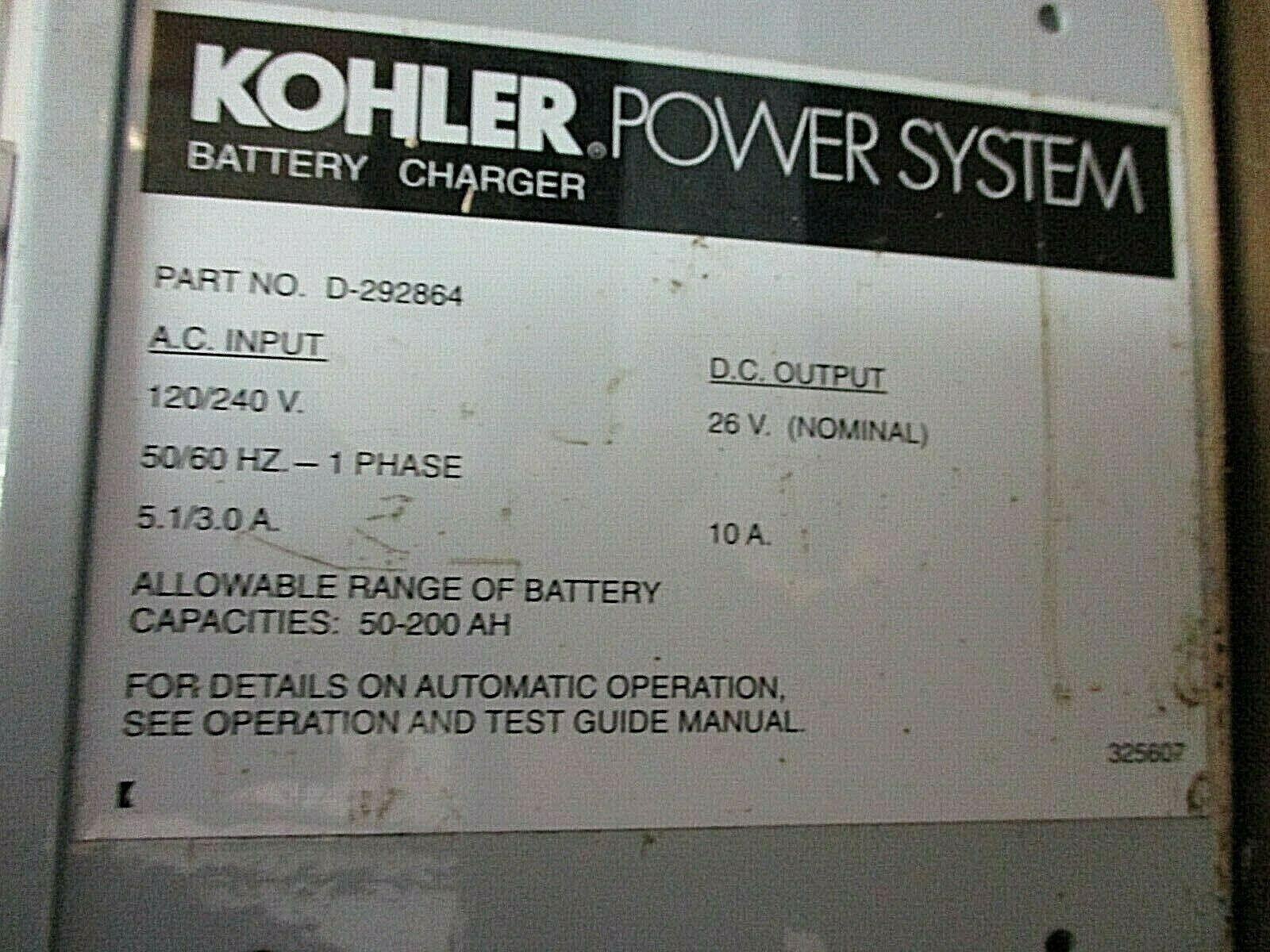 Kohler Automatic Battery Charger D-292864 Input: 120/240VAC 50/60Hz 1Ph 5.1/3.0A