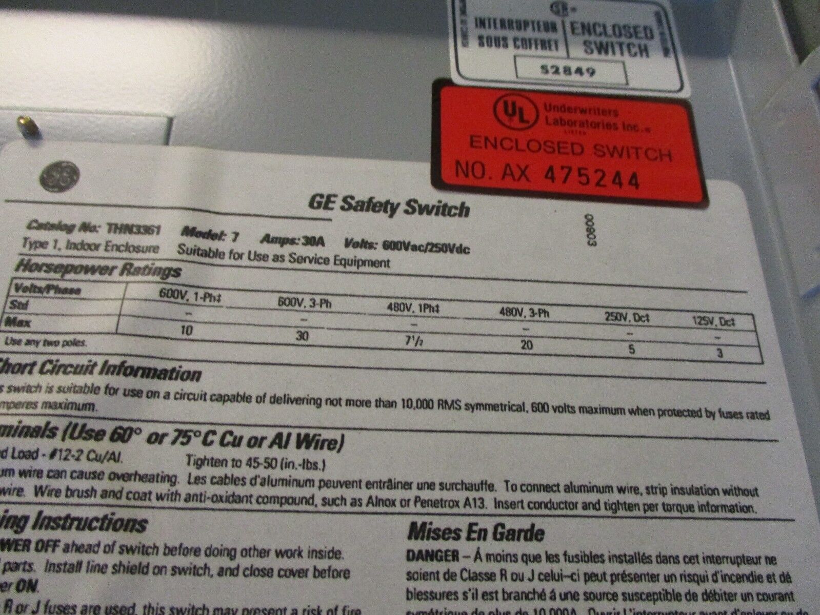GE Non-Fusible Safety Switch THN3361 Mod 7 30A 600V Used