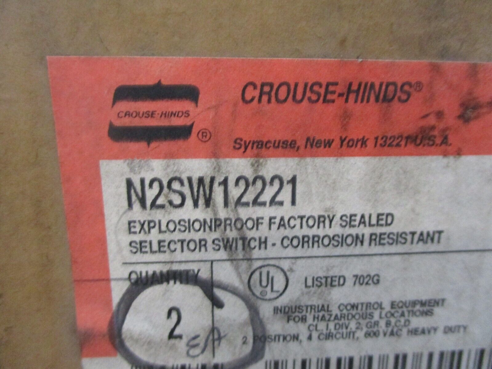 Crouse-Hinds Explosion Proof Selector Switch N2SW12221 2-Position 600V