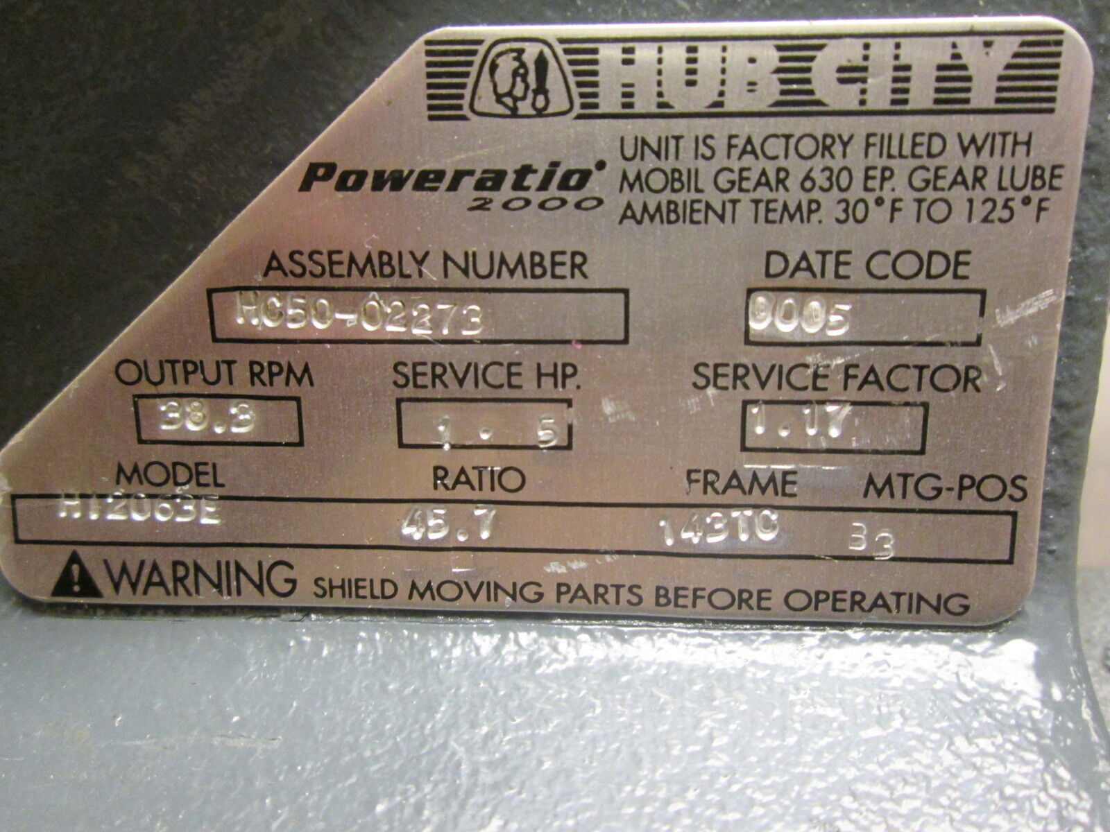 Hub City Poweratio 2000 Gear H12063E 1.5HP 45.7 Ratio 143TC Frame Used