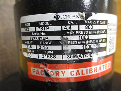 Jordan Valve Pneumatic Control Valve 78TP Size: 1/2" 1000 PSI Max Seat: 316 Used