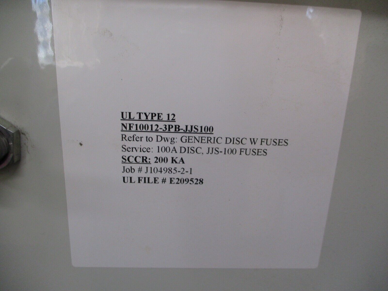 ABB Enclosed Disconnect w/ Fuses NF10012-3PB-JJS100 100A 3P JJS-100 Fuses Used