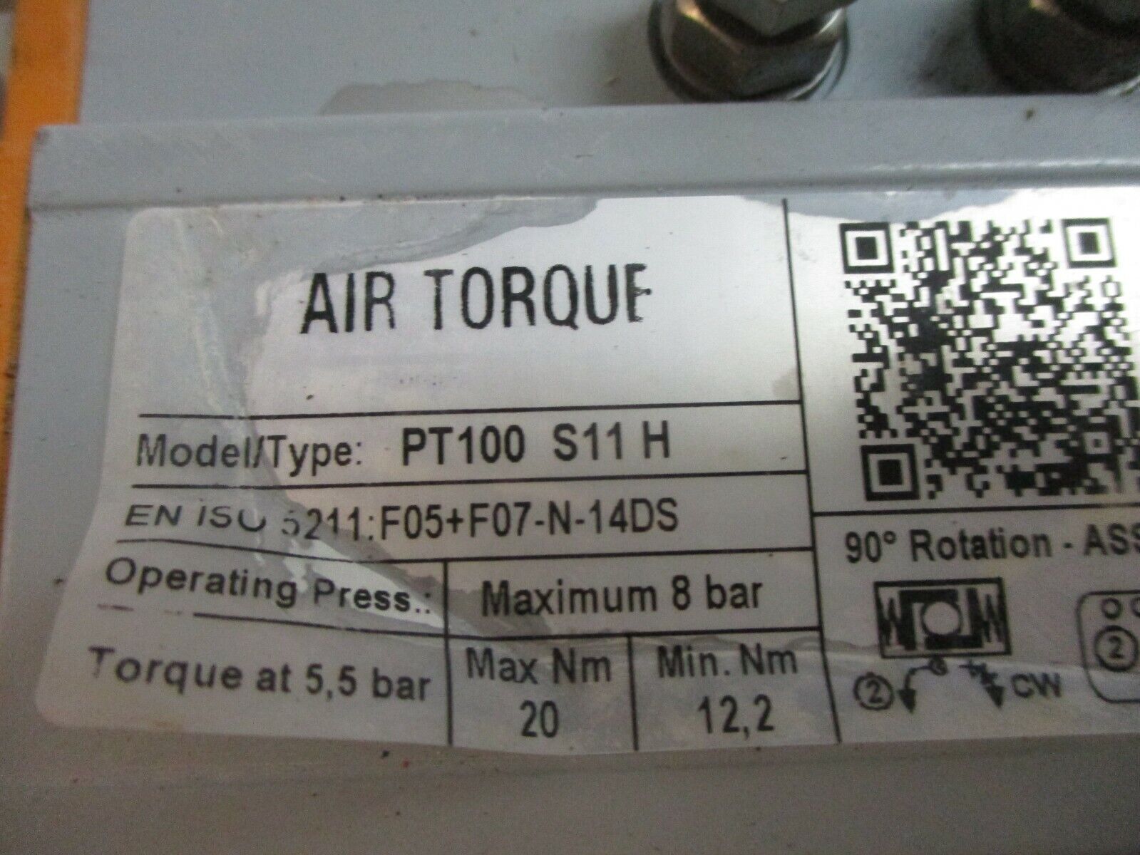 Air Torque Pneumatic Actuator PT100 S11 H 8 bar 90° Rotation Used