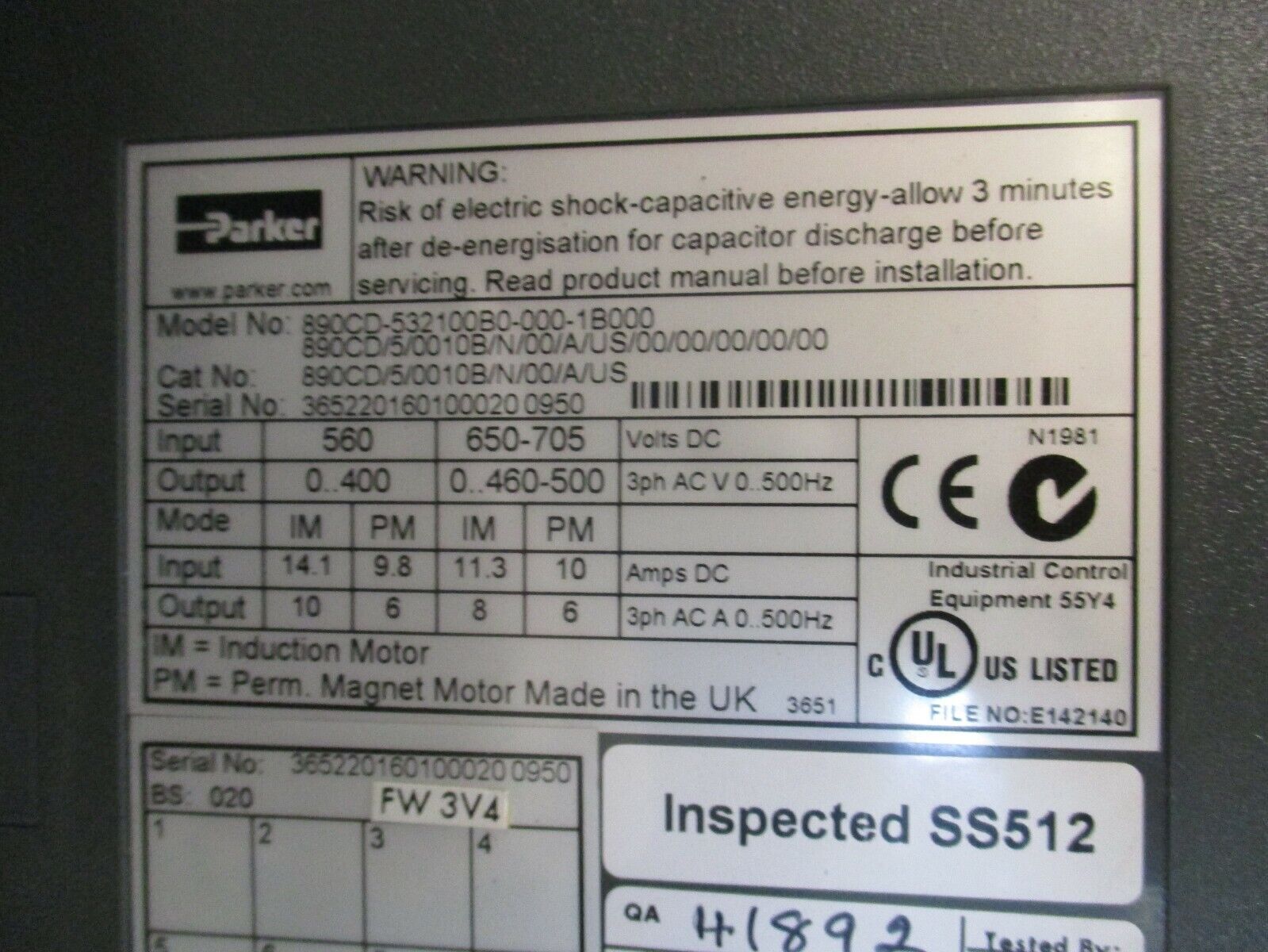 Parker Common DC Bus Drive 890CD/55/0010B/N/00/A/US 5HP FW: 3V4 w/ Keypad Used