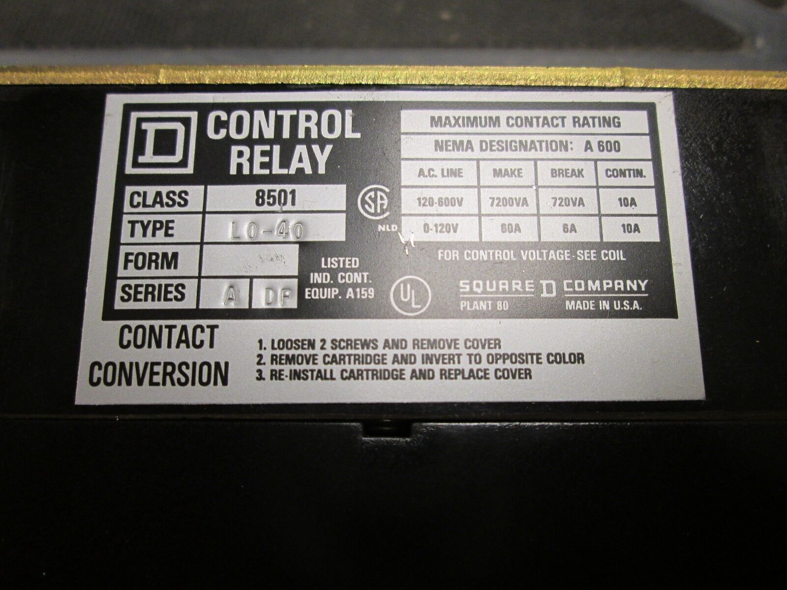 Square D Latching Relay 8501 LL 8501 L0-40 120V Coil Used