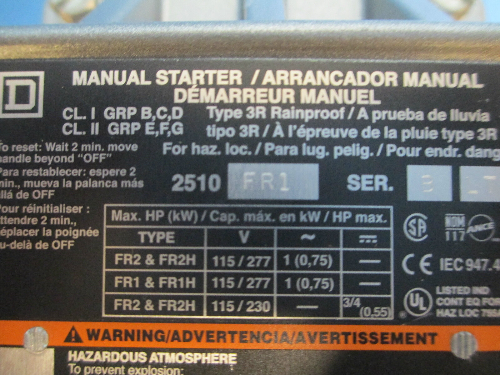 Square D FHP Manual Starter 2510FR1, Nema 7,9 & Rainproof Enclosure, New Surplus