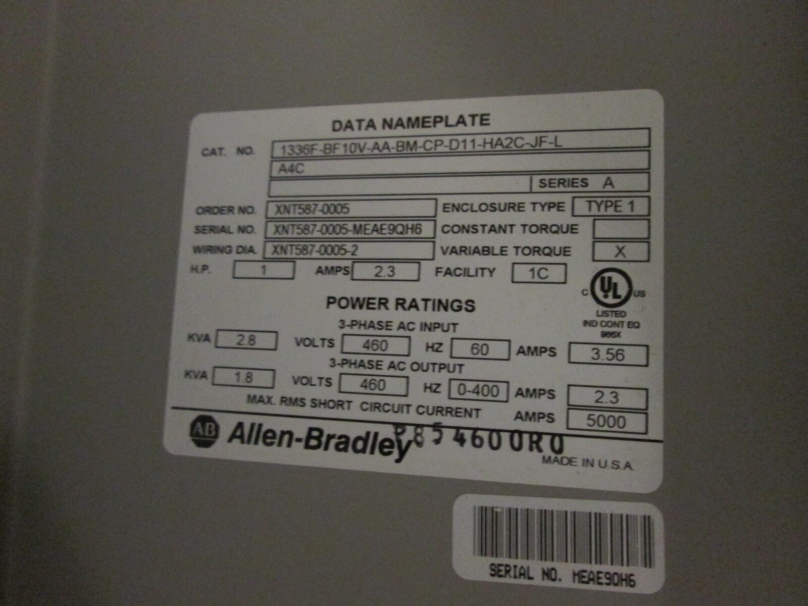 Allen-Bradley 1336 Plus II AC Drive w/ Bypass 1336F-BRF10-AN-EN-LG Used