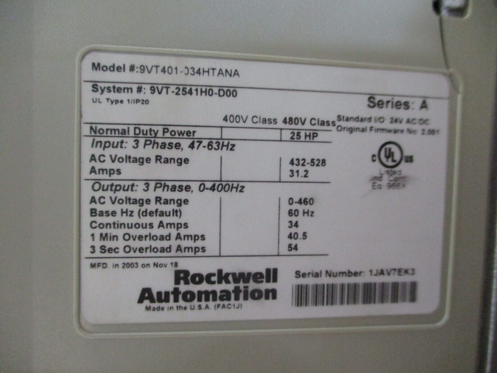 Rockwell Automation VTAC 9 AC Drive w/ Bypass 9VT-2541H0-D00 25HP 3Ph w/ Keypad