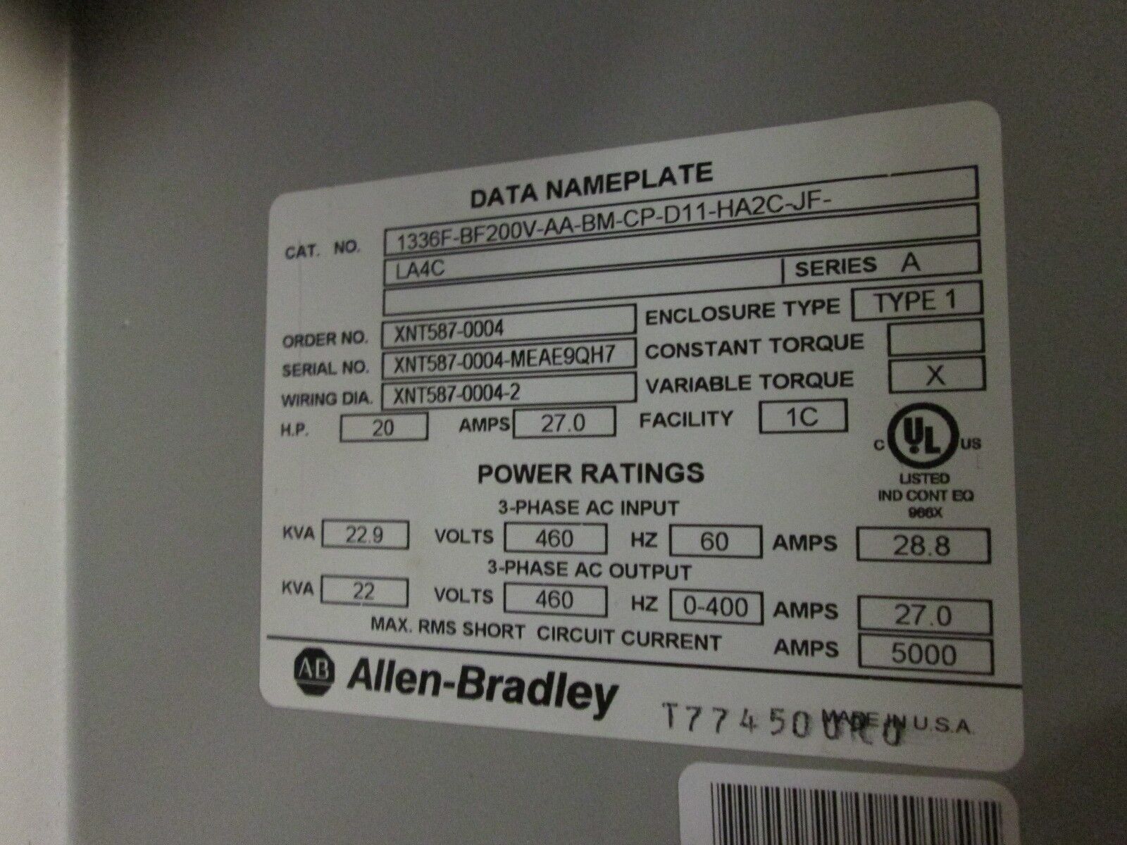 Allen-Bradley 1336 Plus 2 AC Drive w/ Bypass 1336F-BR200-AN-EN-LG Used