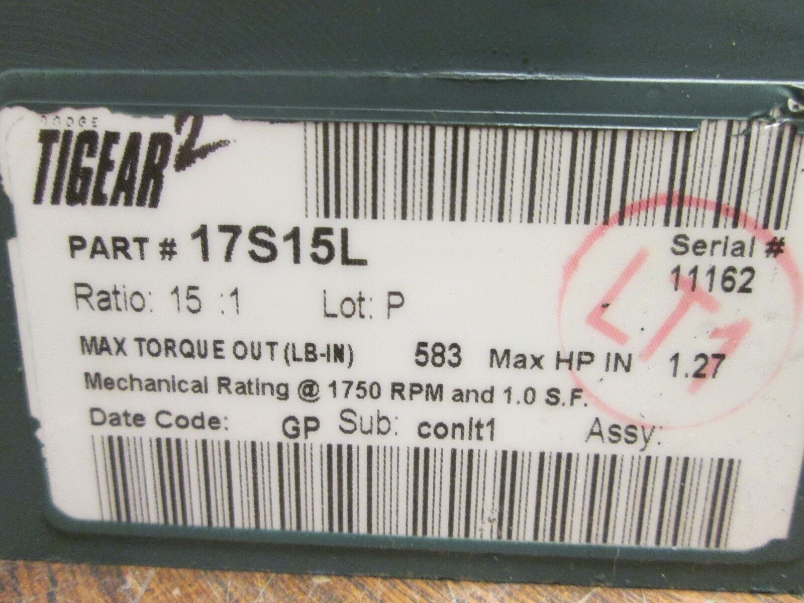 Dodge Tigear 2 Reducer 17S15L Ratio 15:1 1.27 HP-IN 583 LB-IN Torque Out