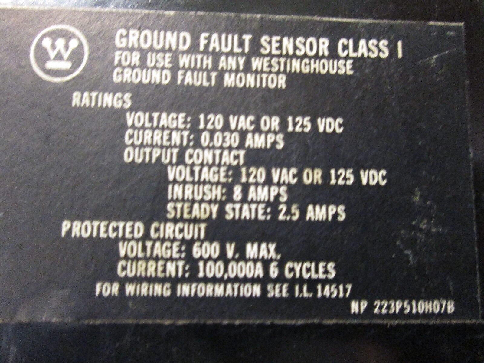 Westinghouse Ground Fault Sensor 179C708G06 Class 1 For 600V Max Used