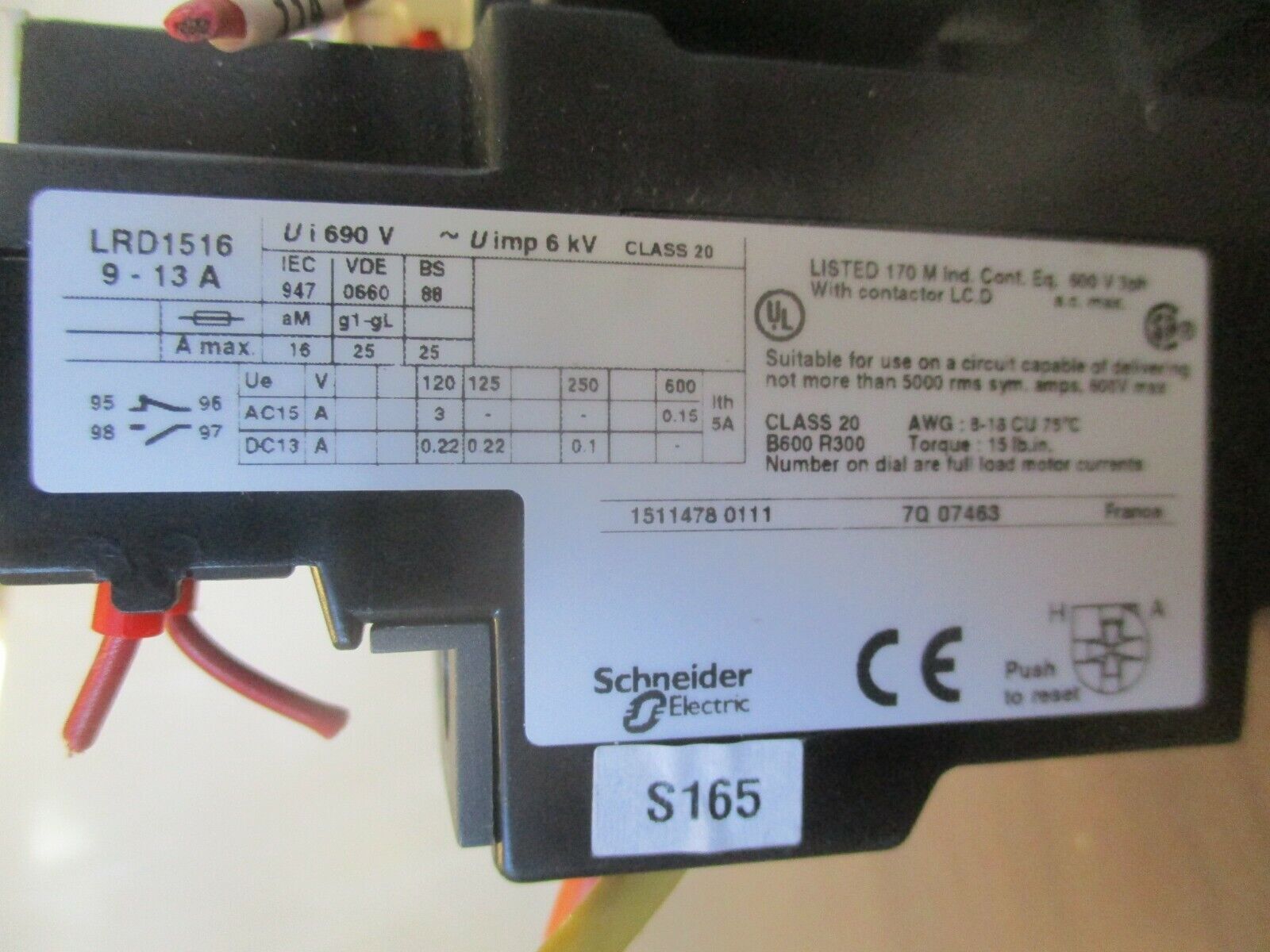 Schneider Reversing Starter LC1 D12/LRD1516 120V Coil Trip: 9-13A Used