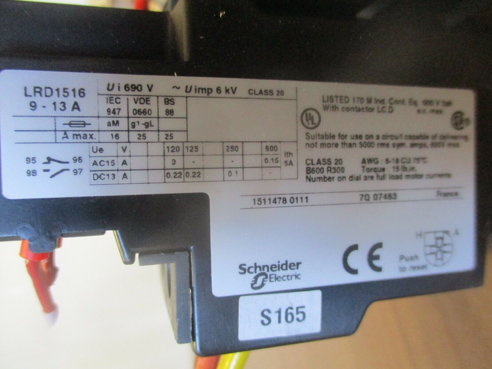 Schneider Starter LC1 D12/LRD1516 120V Coil Trip: 9-13A Used